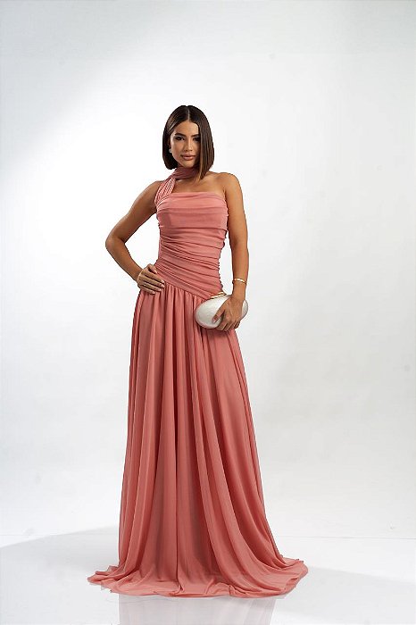 VESTIDO LONGO MICROTULE TOMARA QUE CAIA  COM GOLA PESCOÇO ROSE