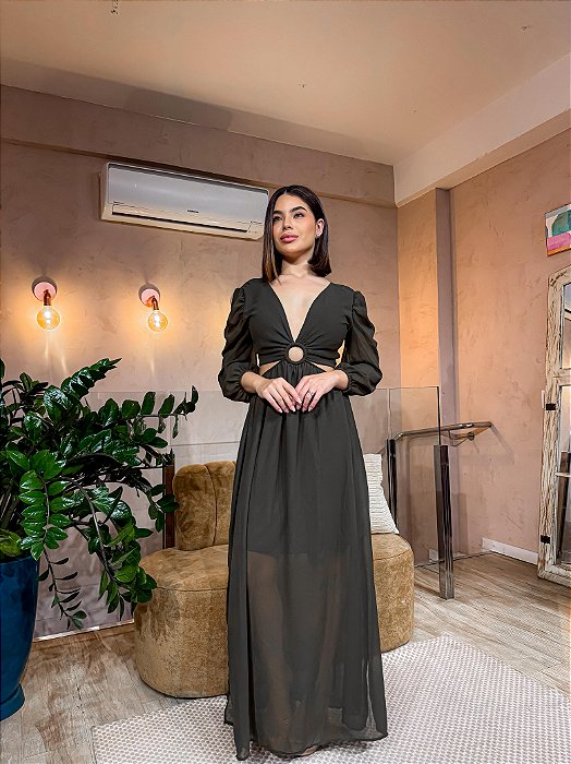 VESTIDO LONGO CHIFON COM RECORTE CINTURA E ARGOLA ML VERDE OLIVA