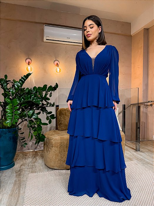 VESTIDO LONGO CHIFON ML BABADO 3 MARIAS RECORTE CINTURA AZUL MARINHO MEN