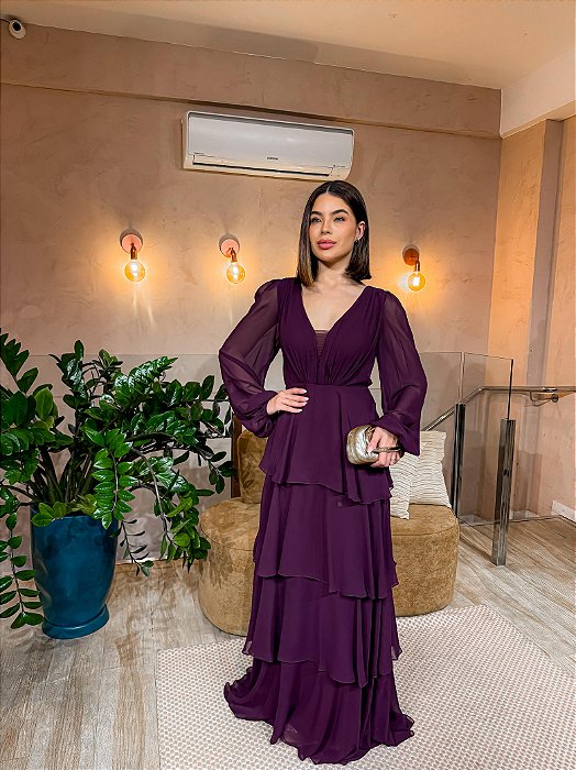 VESTIDO LONGO CHIFON ML BABADO 3 MARIAS RECORTE CINTURA FUCSIA