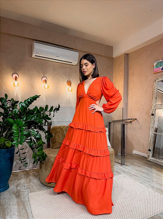 VESTIDO LONGO CREPE SAIA 3 MARIAS RECORTE CINTURA AMARRAÇÃO LAÇO TERRA COTA