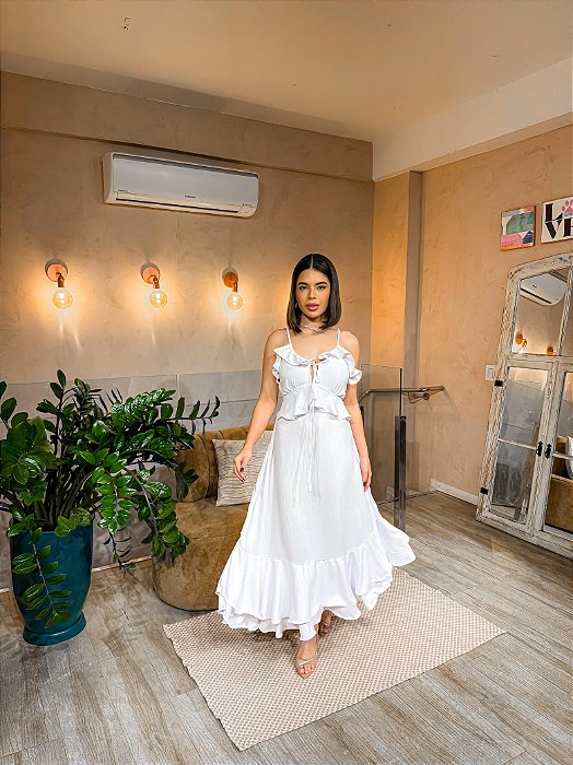 VESTIDO MIDI BABADO DECOTE V COM DETALHE SAIA  FLUIDO BRANCO