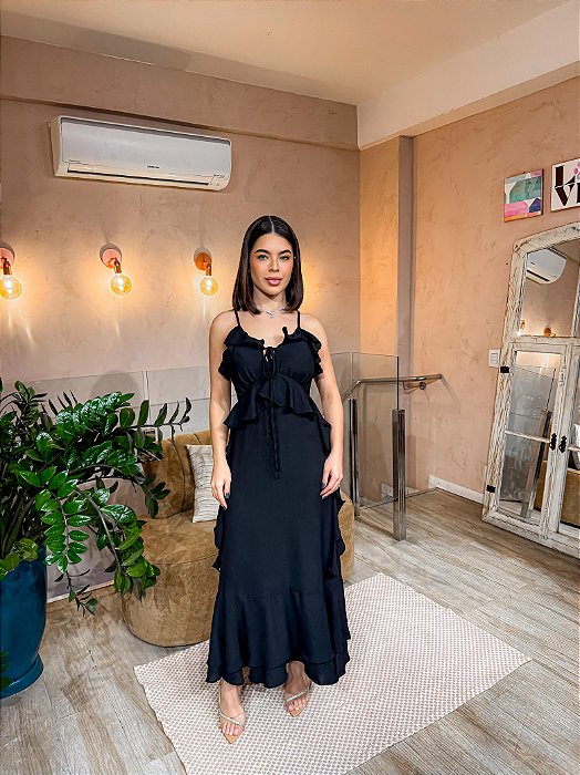 VESTIDO MIDI BABADO DECOTE V COM DETALHE SAIA  FLUIDO PRETO