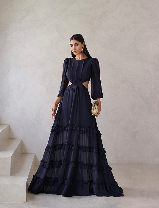 VESTIDO LONGO CREPE DE SEDA MANGA LONGA SAIA COM CAMADAS COSTAS VAZADA AZUL MARINHO MB