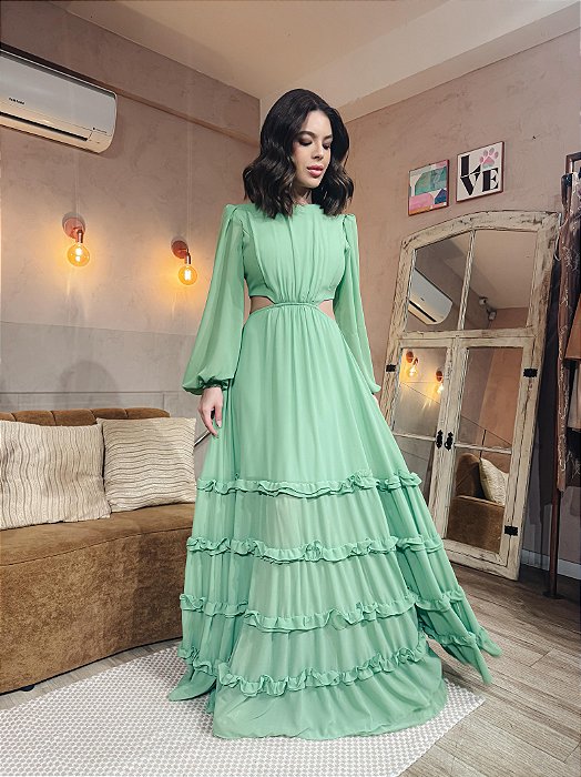 VESTIDO LONGO CREPE DE SEDA MANGA LONGA SAIA COM CAMADAS COSTAS VAZADA VERDE MENTA MB