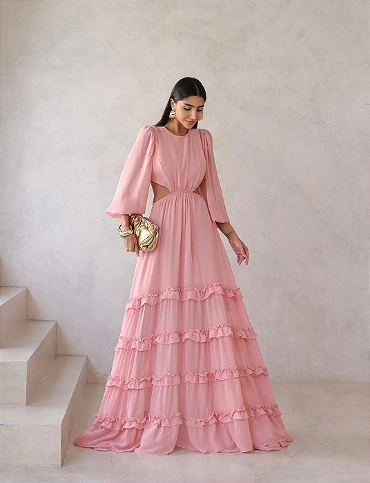VESTIDO LONGO CREPE DE SEDA MANGA LONGA SAIA COM CAMADAS COSTAS VAZADA ROSE MB