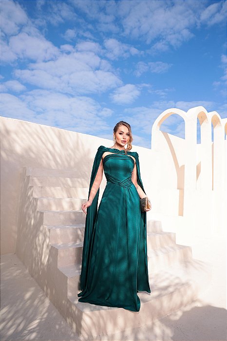 VESTIDO LONGO TRILOBAL MANGA CAPA REMOVIVEL  VERDE ESMERALDA ST