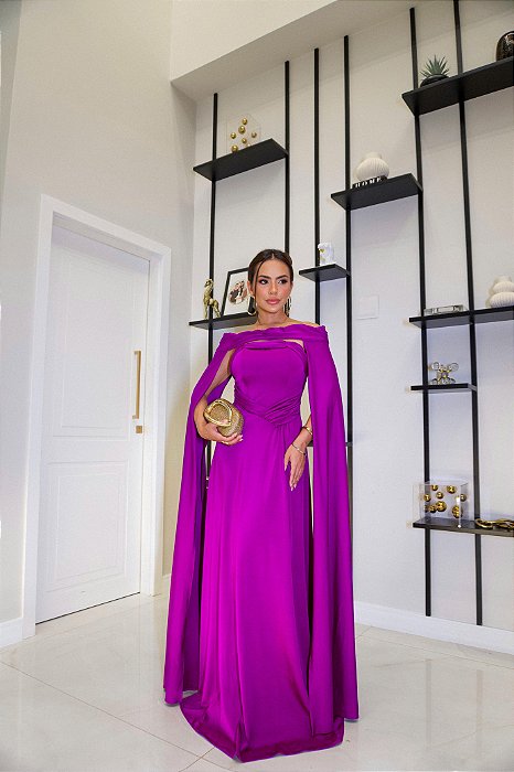 VESTIDO LONGO TRILOBAL MANGA CAPA REMOVIVEL FUCSIA ST