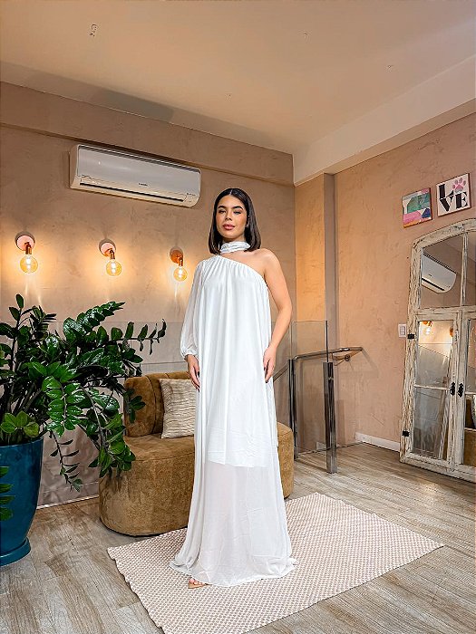 VESTIDO LONGO CHIFFON OMBRO SÓ FLUIDO BRANCO