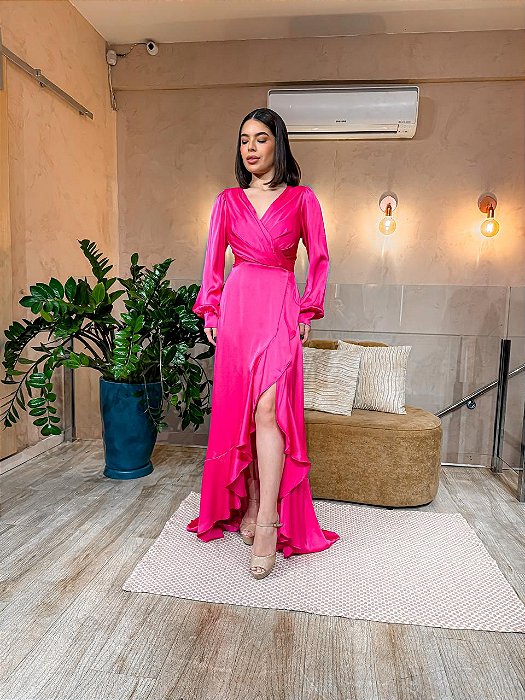 VESTIDO LONGO CREPE DE SEDA MANGA LONGA DECOTE V  PINK