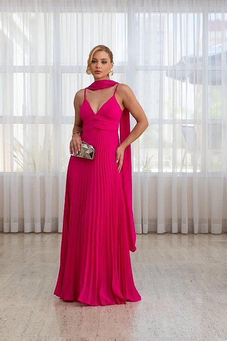 VESTIDO LONGO CHIFFON DE ALCINHA DECOTE TRES BABADOS SAIA PLISSADA PINK