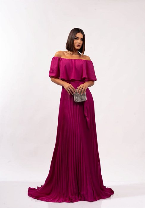 VESTIDO LONGO CHIFFON OMBRO A OMBRO SAIA PLISSADA FUCSIA
