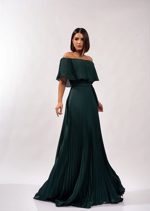 VESTIDO LONGO CHIFFON OMBRO A OMBRO SAIA PLISSADA VERDE ESMERALDA