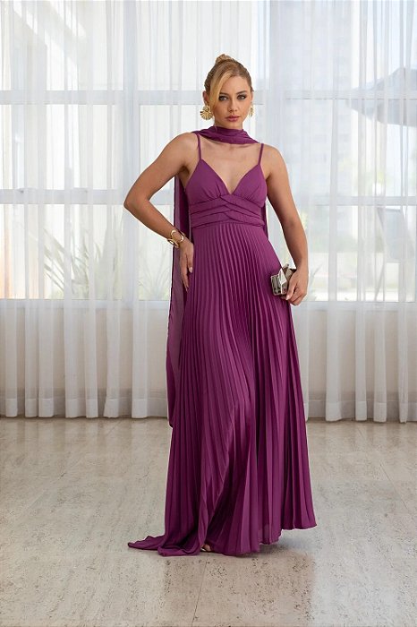 VESTIDO LONGO CHIFFON DE ALCINHA DECOTE TRES BABADOS SAIA PLISSADA ROXO