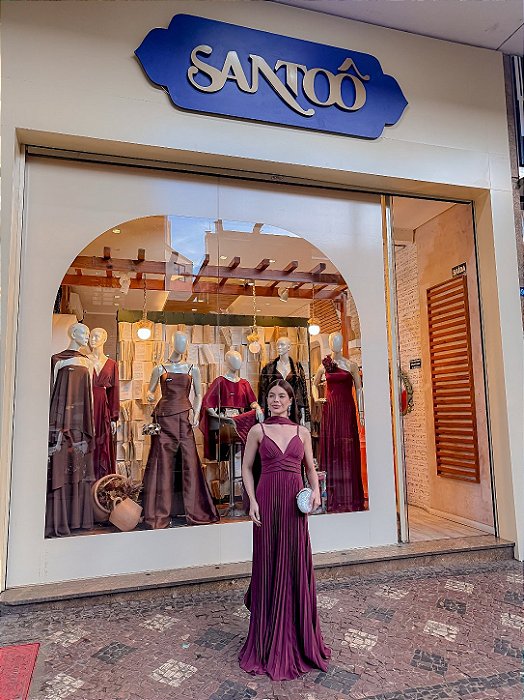 VESTIDO LONGO CHIFFON DE ALCINHA DECOTE TRES BABADOS SAIA PLISSADA ROXO