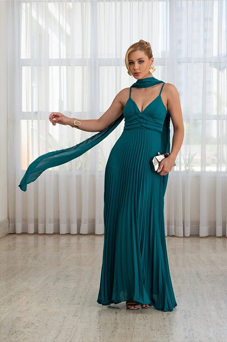 VESTIDO LONGO CHIFFON DE ALCINHA DECOTE TRES BABADOS SAIA PLISSADA VERDE ESMERALDA