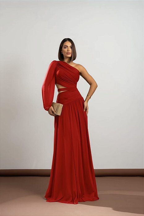 VESTIDO LONGO MICROTULE UM OMBRO SÓ MANGA LONGA VAZADO LATERAL VERMELHO