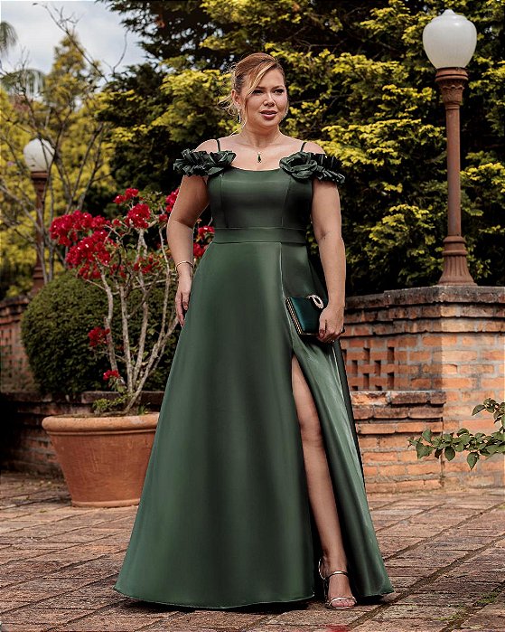 VESTIDO LONGO ZIBELINE ALCINHA COM DETALHE FLOR FENDA LATERAL VERDE OLIVA