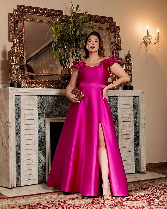 VESTIDO LONGO ZIBELINE ALCINHA COM DETALHE FLOR  FENDA LATERAL FUCSIA