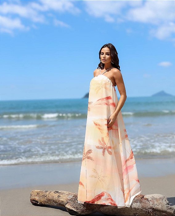 VESTIDO LONGO CHIFFON FRENTE ÚNICA ESTAMPADO