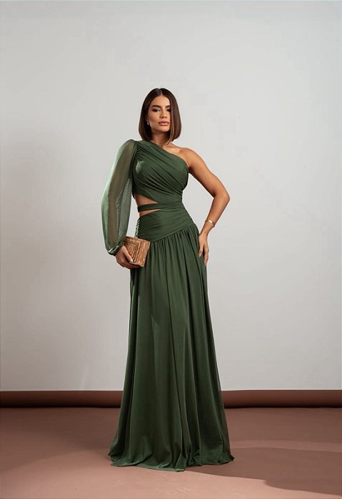 VESTIDO LONGO MICROTULE UM OMBRO SÓ MANGA LONGA VAZADO LATERAL VERDE ESMERALDA