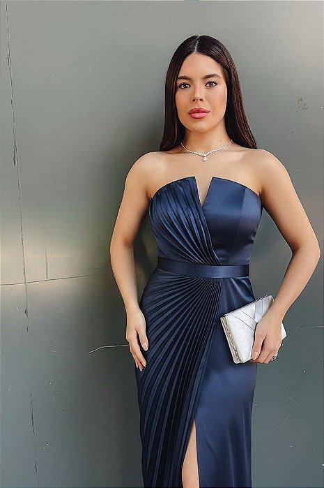 VESTIDO LONGO SEDA TOMARA QUE CAIA METADE PLISSADO METADE LISO FENDA FRENTE AZUL MARINHO