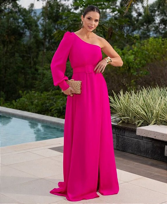 VESTIDO LONGO CHIFFON OMBRO SÓ MANGA LONGA COM CINTO FENDA VERTICAL PINK
