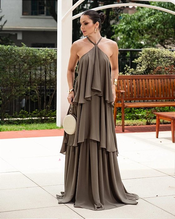 VESTIDO LONGO CREPE DE SEDA EM CAMADAS ALCINHA VERDE OLIVA