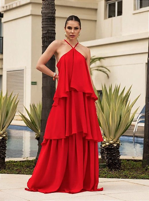 VESTIDO LONGO CREPE DE SEDA EM CAMADAS ALCINHA VERMELHO