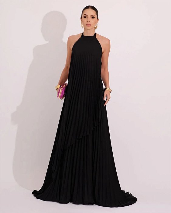 VESTIDO LONGO CHIFFON FRENTE ÚNICA PLISSADO SOBREPOSTO PRETO