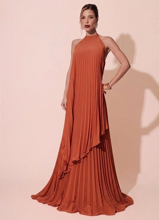 VESTIDO LONGO CHIFFON FRENTE ÚNICA PLISSADO SOBREPOSTO TERRACOTA