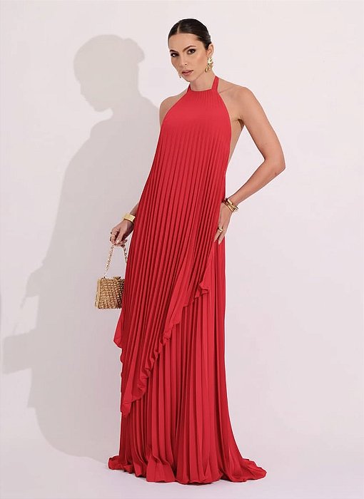 VESTIDO LONGO CHIFFON FRENTE ÚNICA PLISSADO SOBREPOSTO VERMELHO