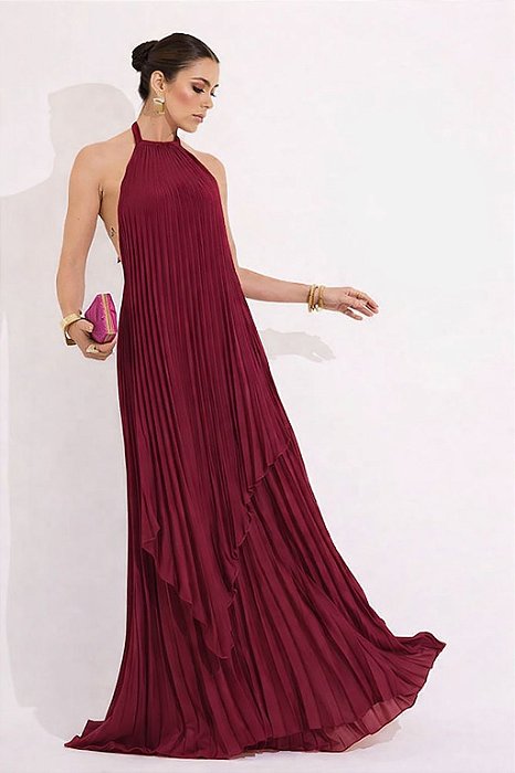 VESTIDO LONGO CHIFFON FRENTE ÚNICA PLISSADO SOBREPOSTO MARSALA