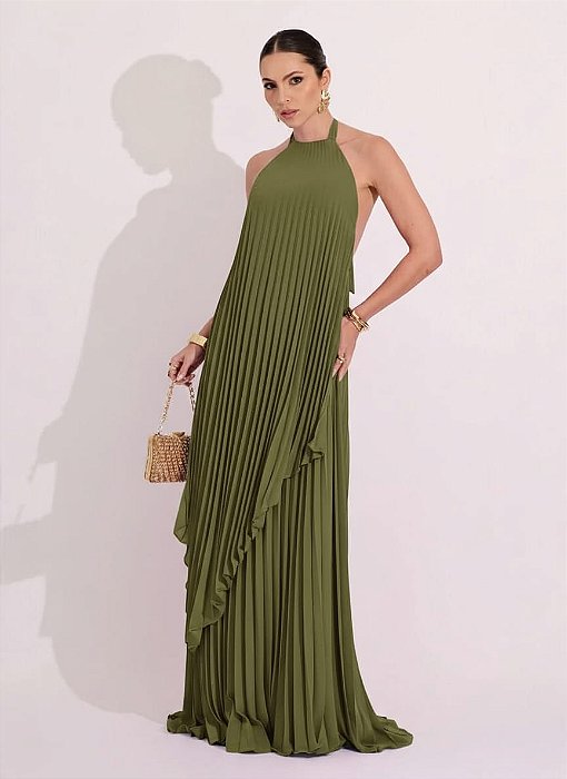 VESTIDO LONGO CHIFFON FRENTE ÚNICA PLISSADO SOBREPOSTO VERDE OLIVA