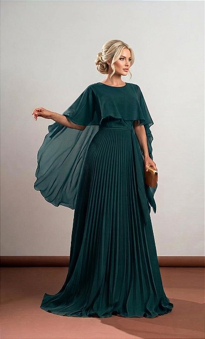 VESTIDO LONGO PLISSADO COM MANGA CAPA VERDE PETROLEO