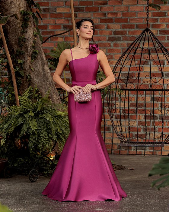 VESTIDO LONGO ZIBELINE ALÇA FINA E ALÇA LARGA COM DETALHE FLOR FUCSIA