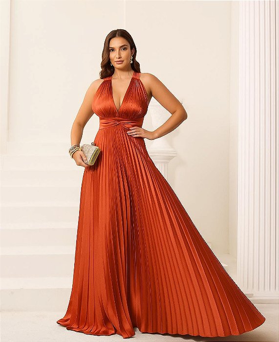 VESTIDO LONGO PLISSADO FRENTE ÚNICA COM DECOTE V  TERRACOTA