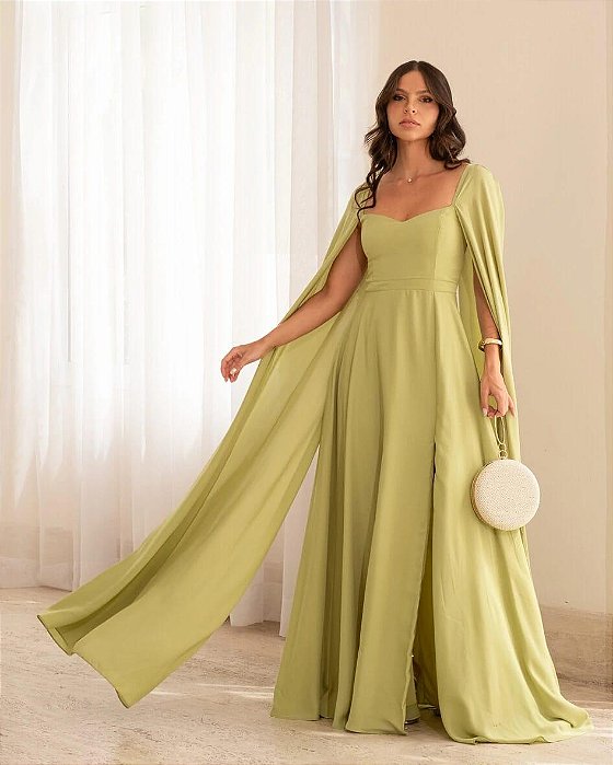 VESTIDO LONGO CREPE SEDA MANGA CAPA VERDE MENTA