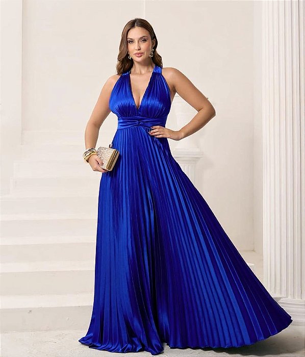 VESTIDO LONGO PLISSADO FRENTE ÚNICA COM DECOTE V  AZUL ROYAL