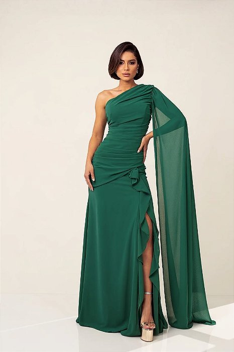 VESTIDO LONGO CREPE OMBRO SÓ COM MANGA CAPA CORPO TODO DRAPEADO VERDE ESMERALDA