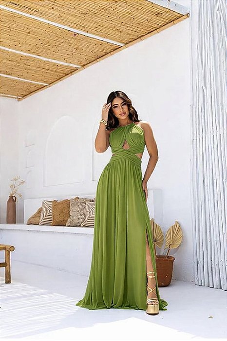 VESTIDO LONGO MICROTULE FRENTE UNICA DECOTE CINTURA TRANSPASSADO FENDA LATERAL VERDE MENTA