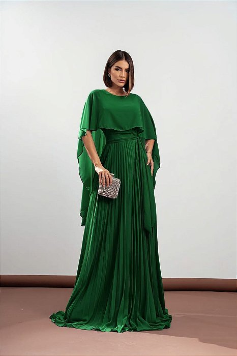 VESTIDO LONGO PLISSADO COM MANGA CAPA VERDE ESMERALDA
