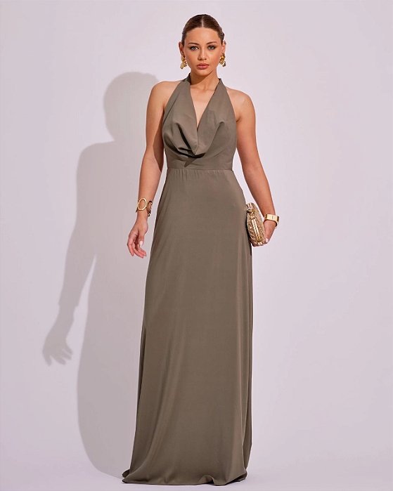 VESTIDO LONGO CREPE SEDA GOLA BOBA AMARRAÇÃO COSTA VERDE OLIVA