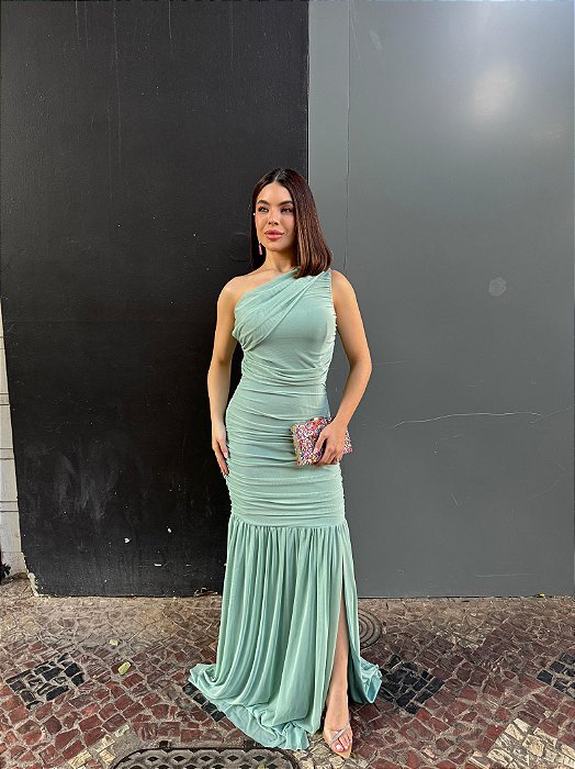 VESTIDO LONGO MICROTULE UM OMBRO SÓ DRAPEADO LATERAIS VERDE MENTA