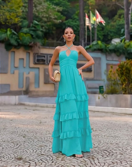 VESTIDO LONGO CHIFON COM TOQUE DE SEDA DECOTE CRUZADO FRENTE COSTAS LASTEX SAIA 3 MARIAS VERDE MENTA