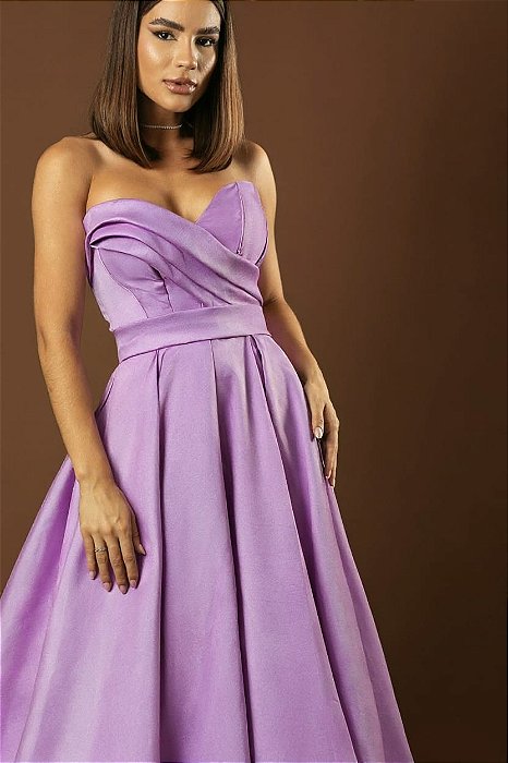 VESTIDO LONGO ZIBELINE ACETINADO TOMARA QUE CAIA COM MUITA CALDA E FENDA VERDE LILAS BL