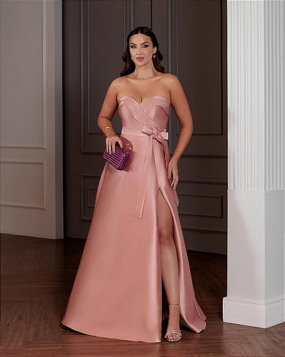 VESTIDO LONGO ZIBELINE TOMARA QUE CAIA DETALHE NO BUSTO CINTURA MARCADA ROSE