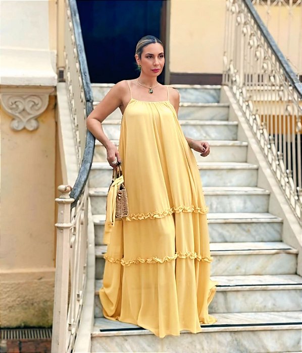 VESTIDO CHIFFON LONGO ALCINHA SAIA CAMADAS AMARELO