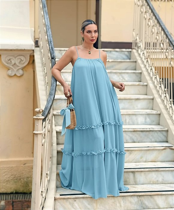 VESTIDO CHIFFON LONGO ALCINHA SAIA CAMADAS AZUL SERENETY