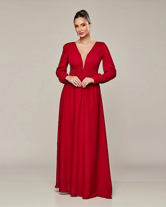 VESTIDO LONGO CREPE SEDA MANGA LONGA  DECOTE COM DETALHE TULE MARSALA